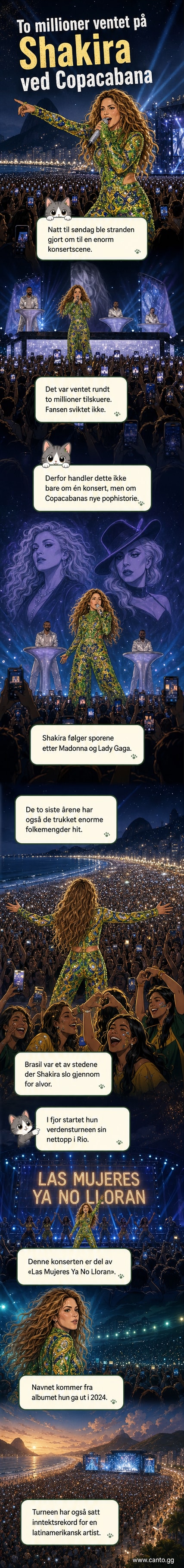 Shakira står på scenen på Copacabana-stranden omringet av et enormt folkemengde under måneskinn.