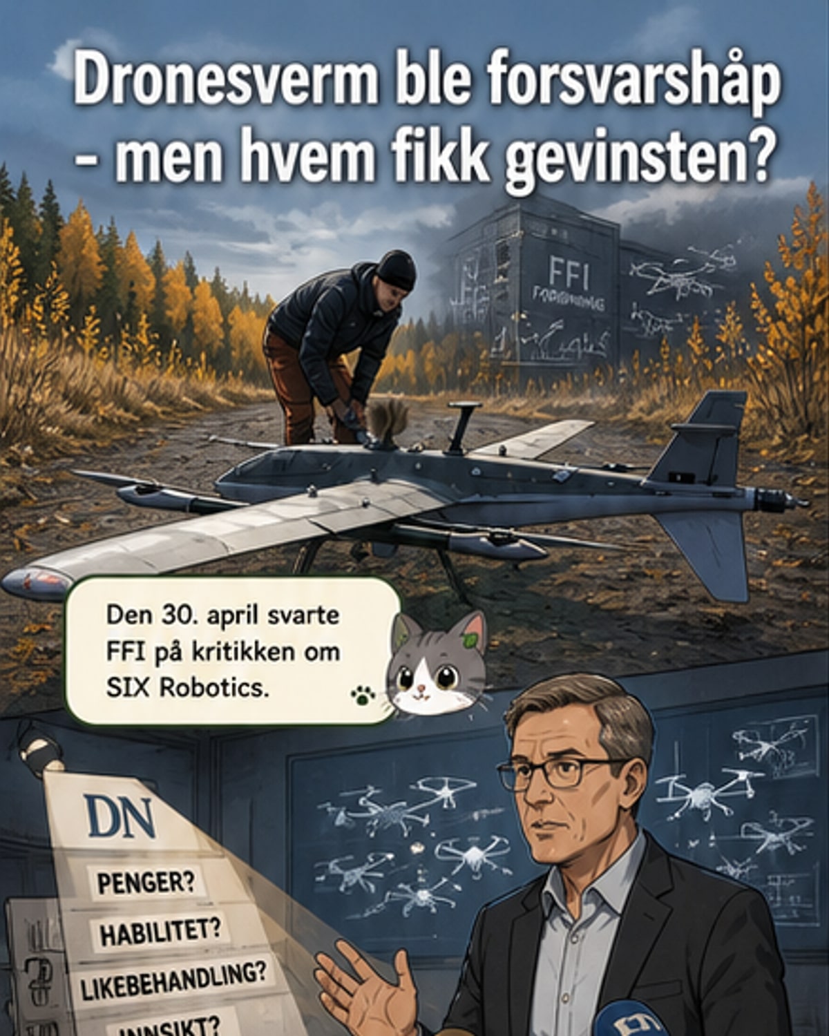 Illustrasjon av små droner i sverm over et militært terreng, med datastrømmer og programvare-kode som flyter mellom dem og en kontrollstasjon.