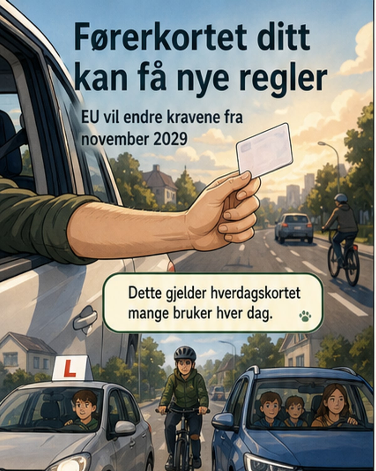 Illustrasjon av en person som underskriver et førerkortdokument med bil og elsparkesykel i bakgrunnen, symboliserer nye førerkortregler og trygg trafikkopplæring.