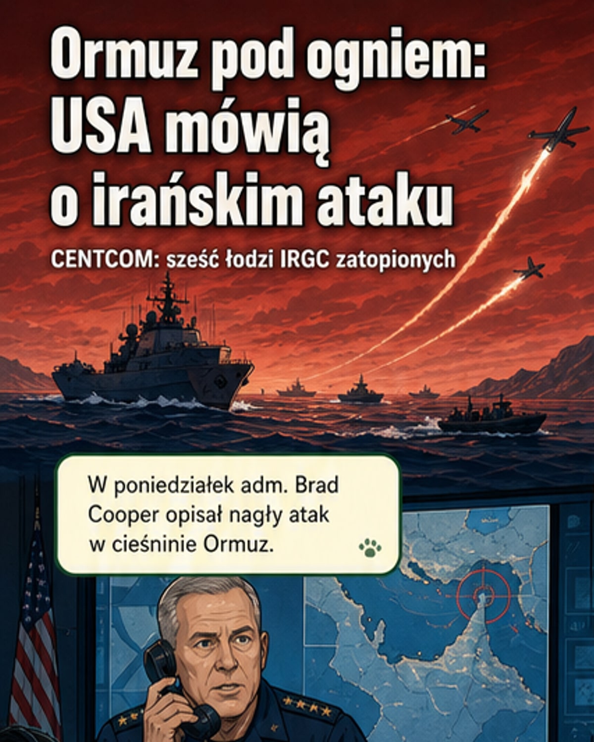 Ilustracja przedstawiający amerykański helikopter atakujący małe irańskie łodzie szturmowe na tle cieśniny Ormuz, podczas gdy inne statki płyną bezpiecznym korytarzem.