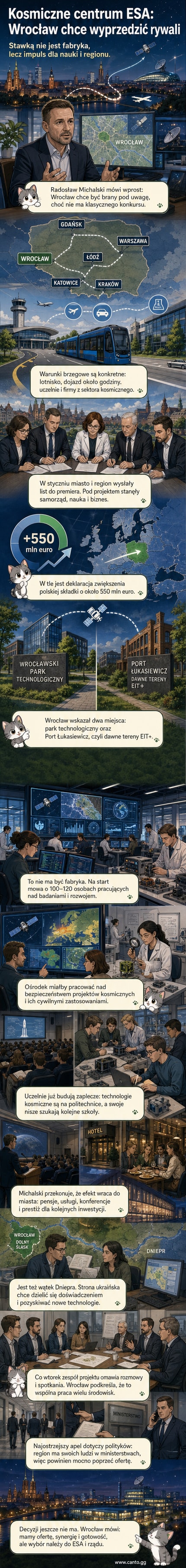 Ilustracja przedstawiająca nowoczesne centrum badawcze w stylu futurystycznym mieście, z satelitami nad głową i budynkami z laboratoriami, w tle widoczne logo Europejskiej Agencji Kosmicznej.