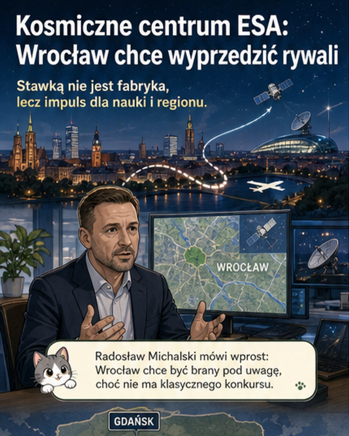 Ilustracja przedstawiająca nowoczesne centrum badawcze w stylu futurystycznym mieście, z satelitami nad głową i budynkami z laboratoriami, w tle widoczne logo Europejskiej Agencji Kosmicznej.
