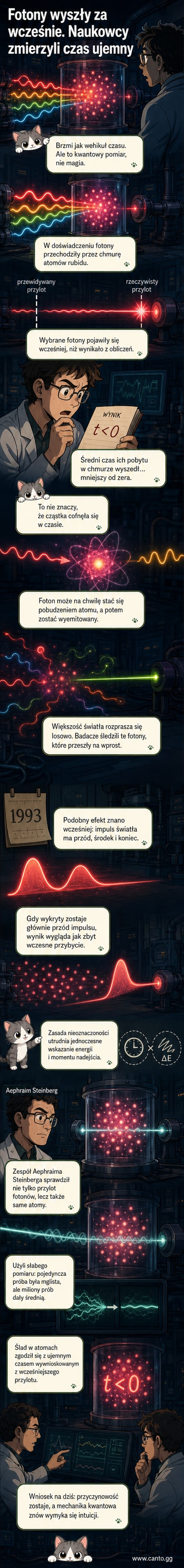 Abstrakcyjna ilustracja fotonu przechodzącego przez chmurę atomów rubidu, z falą czasu pokazaną jako linia z ujemnym fragmentem