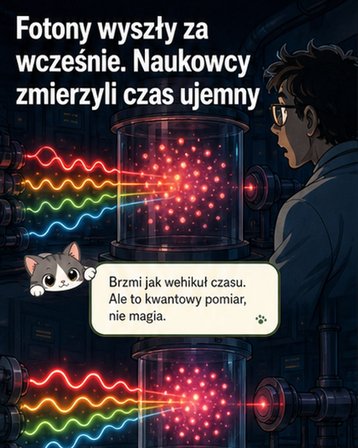 Abstrakcyjna ilustracja fotonu przechodzącego przez chmurę atomów rubidu, z falą czasu pokazaną jako linia z ujemnym fragmentem