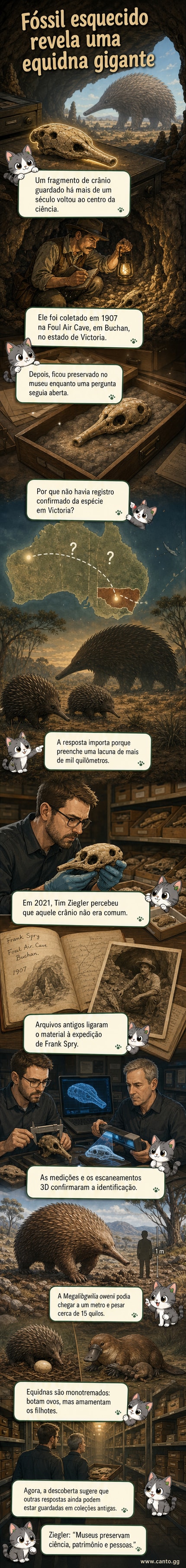 Ilustração de uma equidna-gigante da Era do Gelo caminhando em paisagem australiana, com focinho longo e corpo coberto de espinhos, ao lado de uma representação em escala de uma equidna moderna para comparação de tamanho.