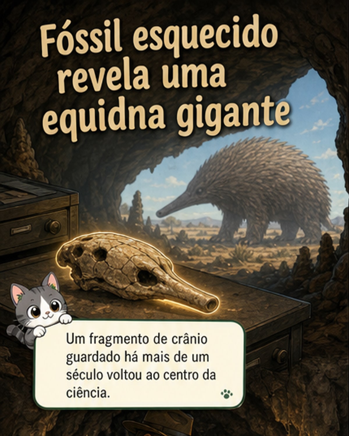 Ilustração de uma equidna-gigante da Era do Gelo caminhando em paisagem australiana, com focinho longo e corpo coberto de espinhos, ao lado de uma representação em escala de uma equidna moderna para comparação de tamanho.