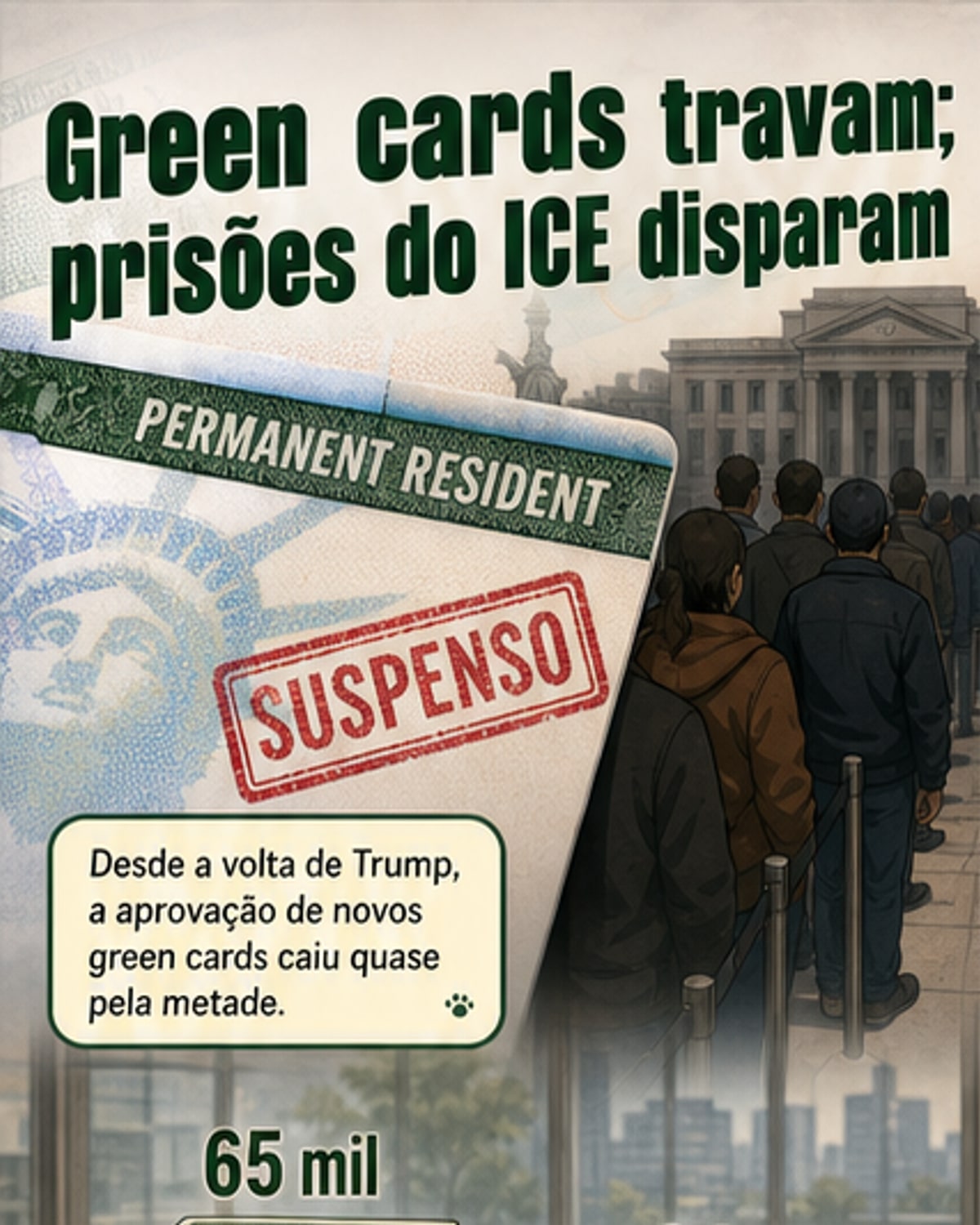 Ilustração de um green card sendo rasgado ao meio, com contorno dos EUA ao fundo e silhuetas de pessoas ao redor.