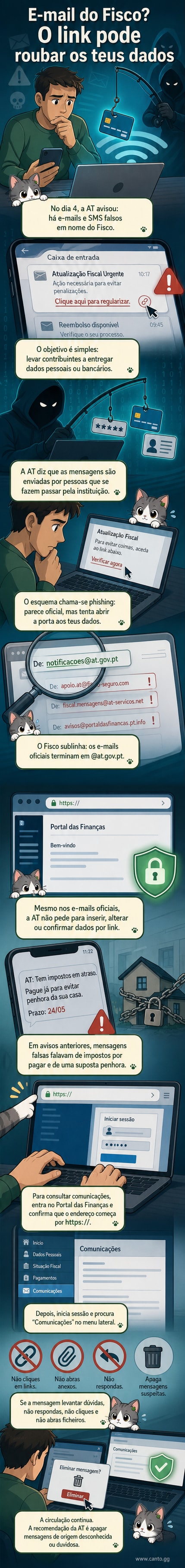 Ilustração de um e-mail falso com selo do fisco e um aviso de phishing, com um ícone de cadeado quebrado ao lado.
