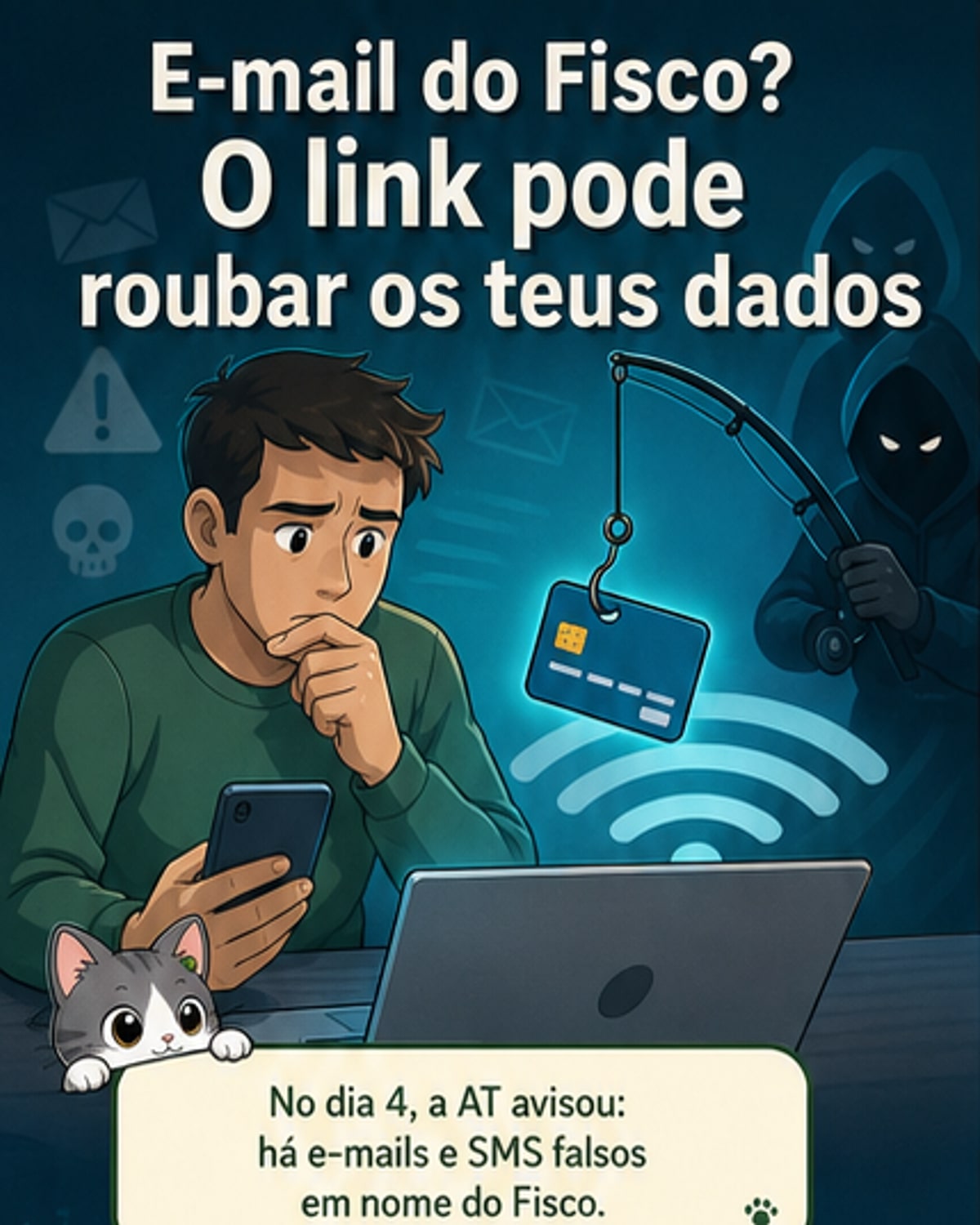 Ilustração de um e-mail falso com selo do fisco e um aviso de phishing, com um ícone de cadeado quebrado ao lado.