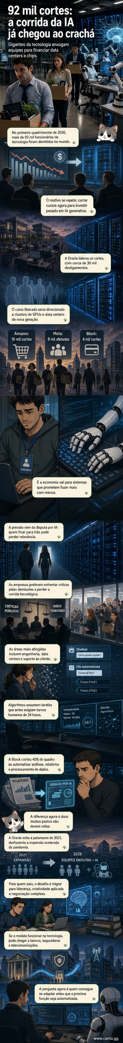 Ilustração de um robô sentado em uma mesa de escritório com um crachá de demissão ao lado, enquanto gráficos de cortes de emprego e investimento em IA sobem ao fundo.