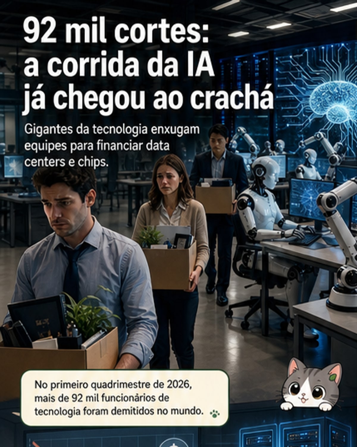 Ilustração de um robô sentado em uma mesa de escritório com um crachá de demissão ao lado, enquanto gráficos de cortes de emprego e investimento em IA sobem ao fundo.