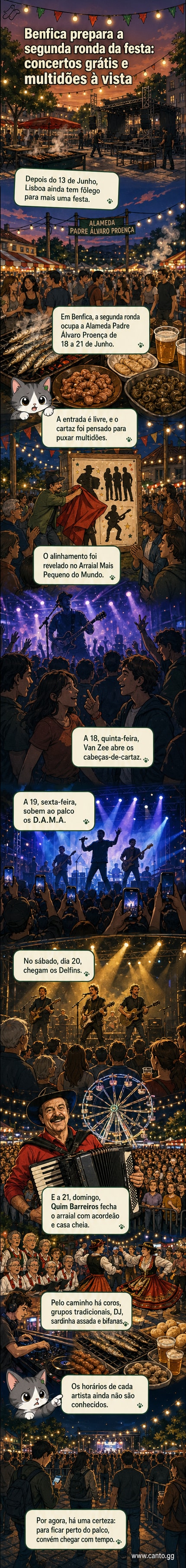 Cartaz colorido de um arraial com luzes de corda, palco ao ar livre e multidão a celebrar; nomes como D.A.M.A., Delfins e Quim Barreiros destacados.