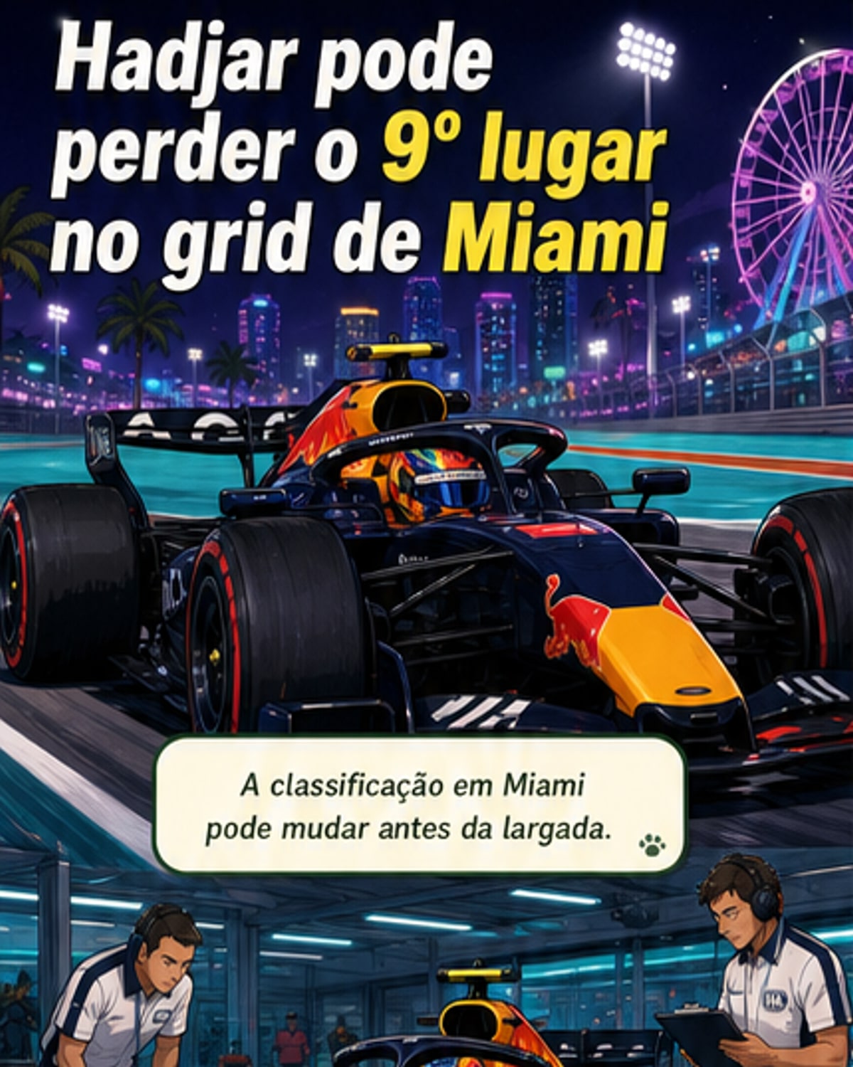 Piloto Isack Hadjar em seu carro da Red Bull sendo inspecionado por oficiais da FIA sob luzes fortes, com destaque para o assoalho do veículo fora dos limites regulamentares.