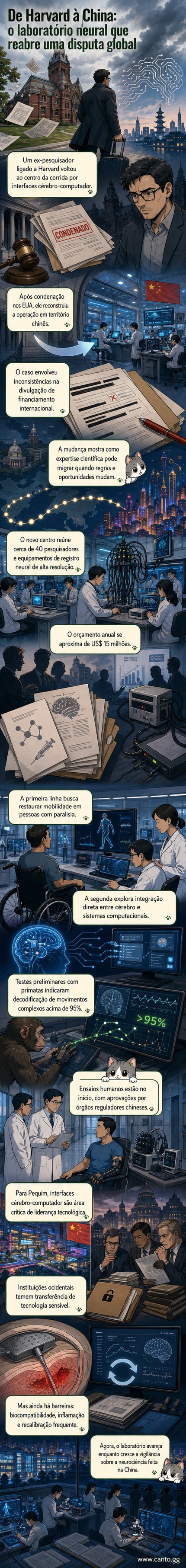 Ilustração de um cientista em laboratório com equipamentos de interface neural, ao fundo símbolos de circuitos cerebrais e conexões digitais, com bandeiras dos EUA e China levemente visíveis.