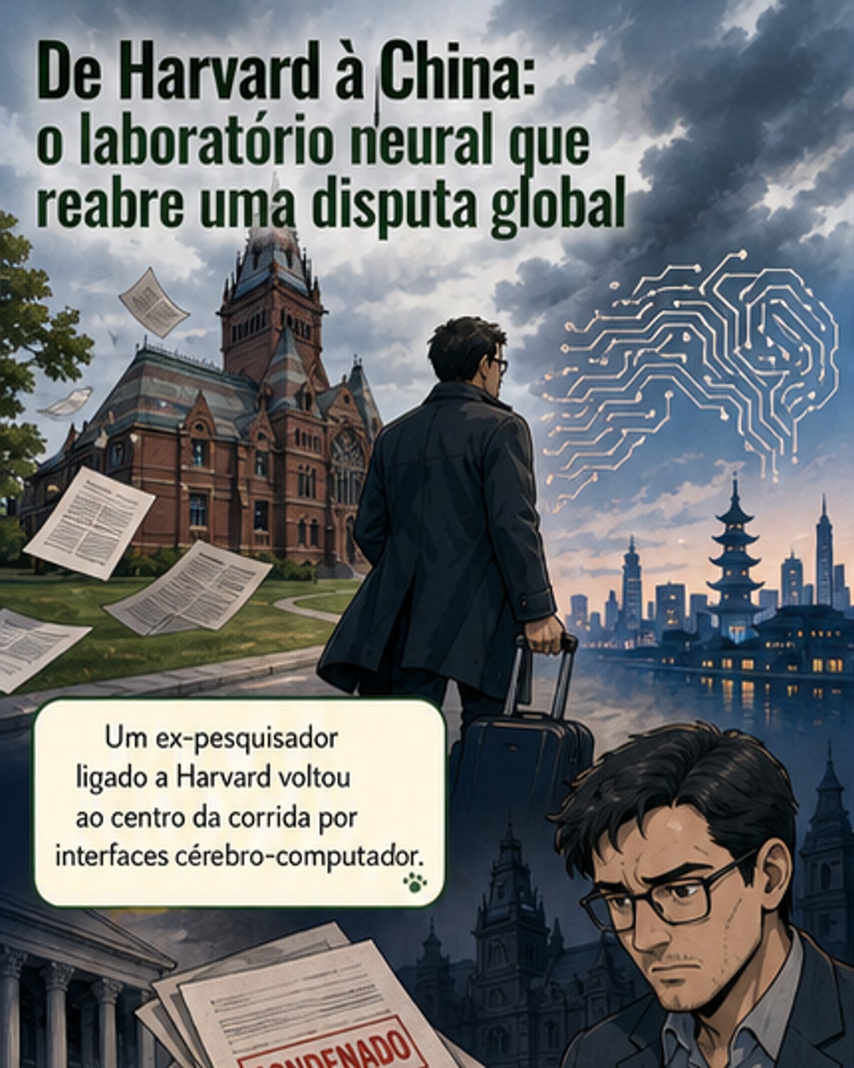Ilustração de um cientista em laboratório com equipamentos de interface neural, ao fundo símbolos de circuitos cerebrais e conexões digitais, com bandeiras dos EUA e China levemente visíveis.