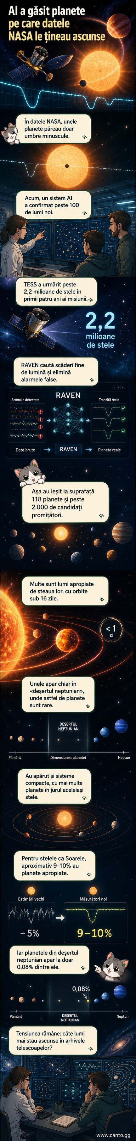 Ilustrație artistică a unui sistem solar îndepărtat cu planete mici orbitând o stea, în timp ce un algoritm de inteligență artificială analizează datele transmise de un satelit spațial.