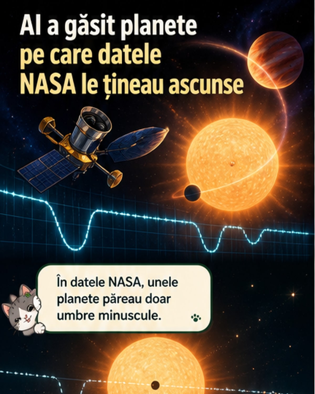 Ilustrație artistică a unui sistem solar îndepărtat cu planete mici orbitând o stea, în timp ce un algoritm de inteligență artificială analizează datele transmise de un satelit spațial.