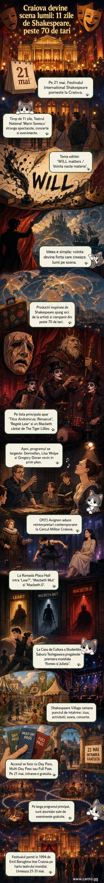 Posterul festivalului arată o scenă teatrală elisabetană cu actori în costume tradiționale, într-un decor de sat vechi, cu titlul 'Festivalul Internațional Shakespeare 2026' și locația Craiova.