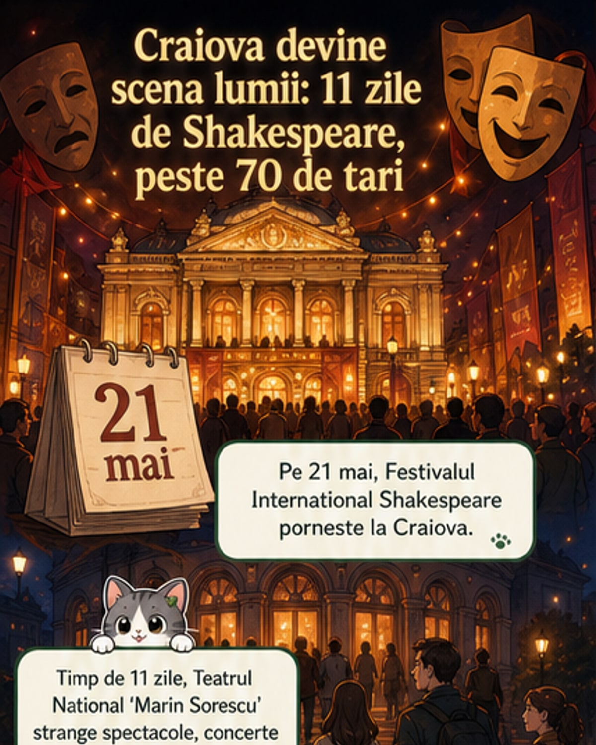 Posterul festivalului arată o scenă teatrală elisabetană cu actori în costume tradiționale, într-un decor de sat vechi, cu titlul 'Festivalul Internațional Shakespeare 2026' și locația Craiova.