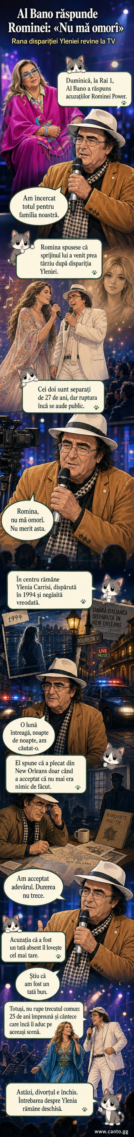 Al Bano și Romina Power, cântăreți italieni, într-o poză veche îmbrățișați pe scenă, cu fundal de aplauze și lumini de teatru.