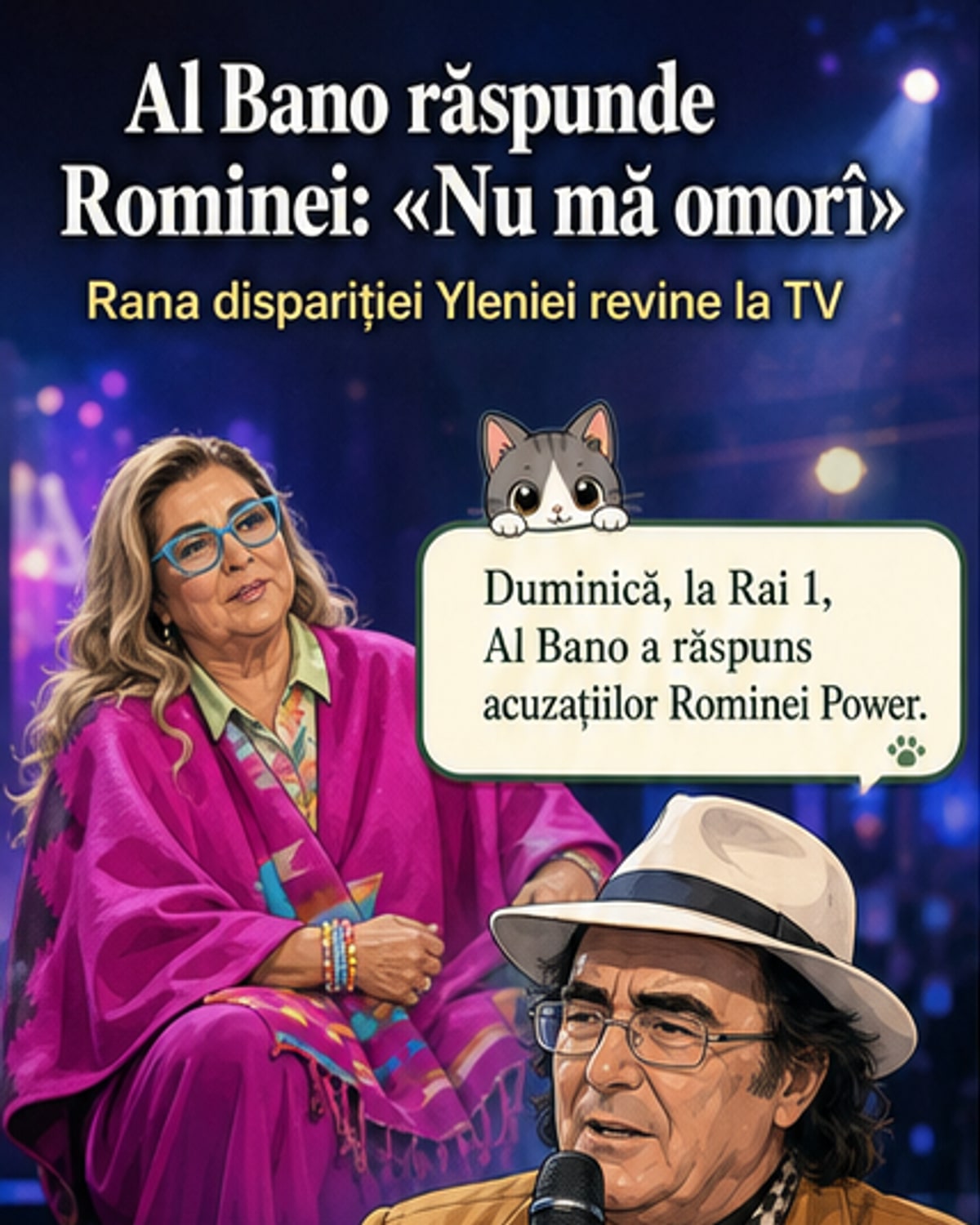 Al Bano și Romina Power, cântăreți italieni, într-o poză veche îmbrățișați pe scenă, cu fundal de aplauze și lumini de teatru.