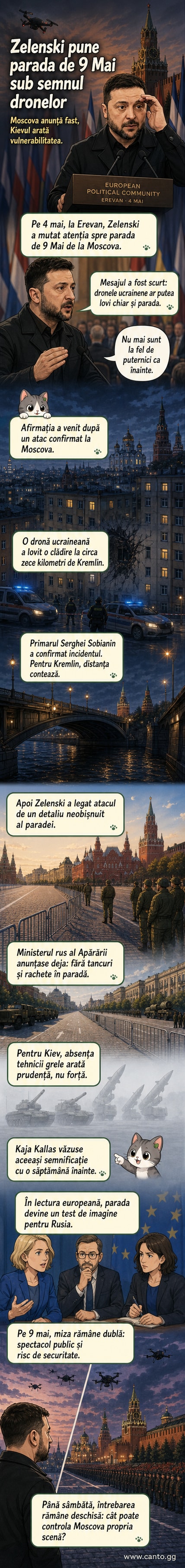 Ilustrație care reprezintă o dronă ucraineană în zbor spre Moscova, cu Kremlinul în fundal, subliniind tensiunea înaintea paradei de 9 Mai.