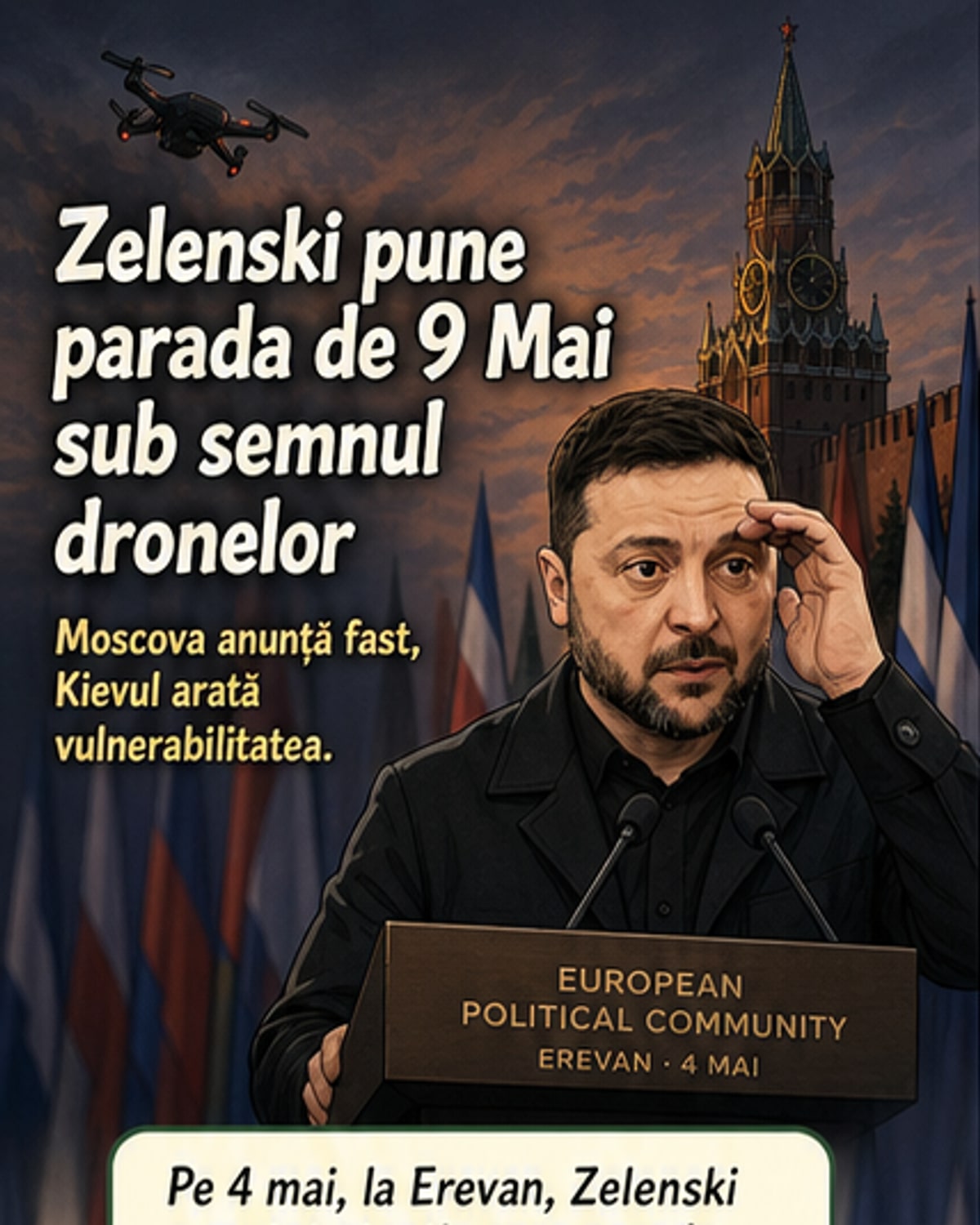 Ilustrație care reprezintă o dronă ucraineană în zbor spre Moscova, cu Kremlinul în fundal, subliniind tensiunea înaintea paradei de 9 Mai.