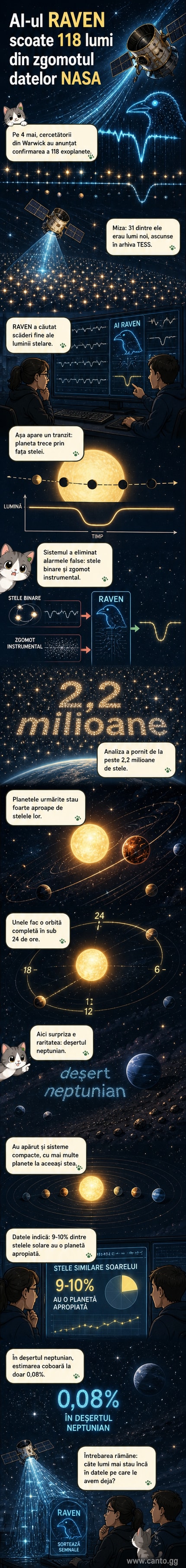 Ilustrație artistică cu un satelit spațial analizând semnale stelare, în timp ce o rețea neurală procesează date și evidențiază tranzite planetare pe un ecran digital.