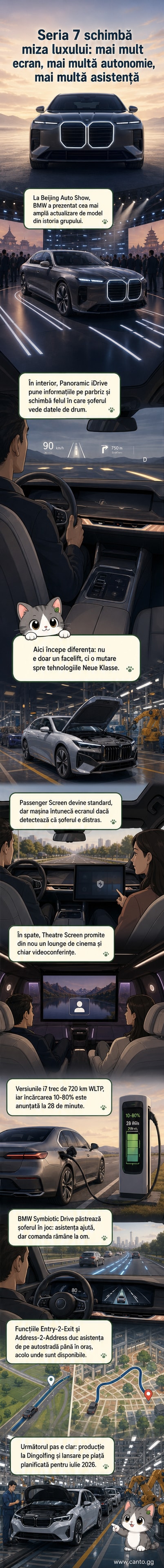 Noul BMW Seria 7 într-o imagine frontală elegantă, cu grila Iconic Glow iluminată, pe un fundal urban modern.