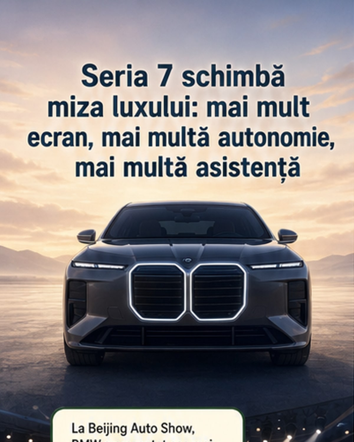Noul BMW Seria 7 într-o imagine frontală elegantă, cu grila Iconic Glow iluminată, pe un fundal urban modern.