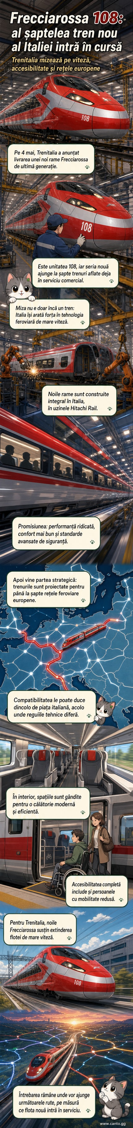 Un tren Frecciarossa de nouă generație, roșu cu alb, parcat pe o linie feroviară într-un depou italian, cu logo-ul Trenitalia vizibil.