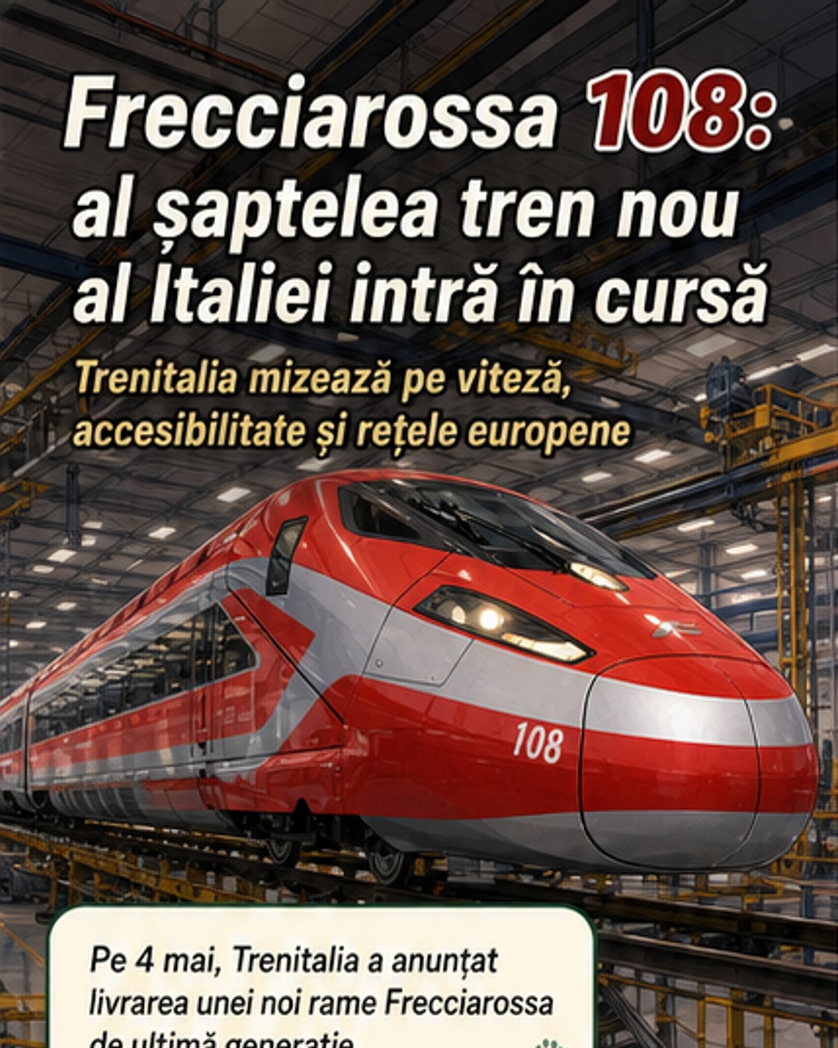 Un tren Frecciarossa de nouă generație, roșu cu alb, parcat pe o linie feroviară într-un depou italian, cu logo-ul Trenitalia vizibil.