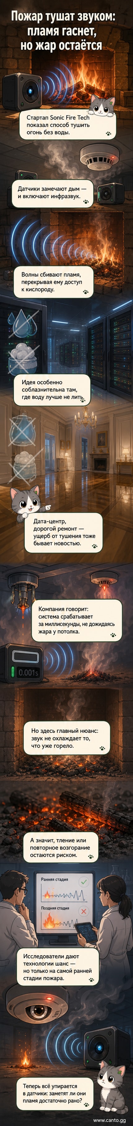 Абстрактное изображение звуковых волн, гасящих огонь в помещении, с датчиками дыма и инфразвуковыми излучателями на потолке