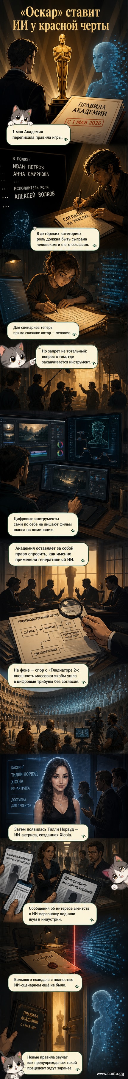 Иллюстрация: золотая статуэтка «Оскара» стоит перед экраном с ИИ-персонажем, который не может подняться на сцену — символ нового запрета на участие искусственного интеллекта в номинациях.