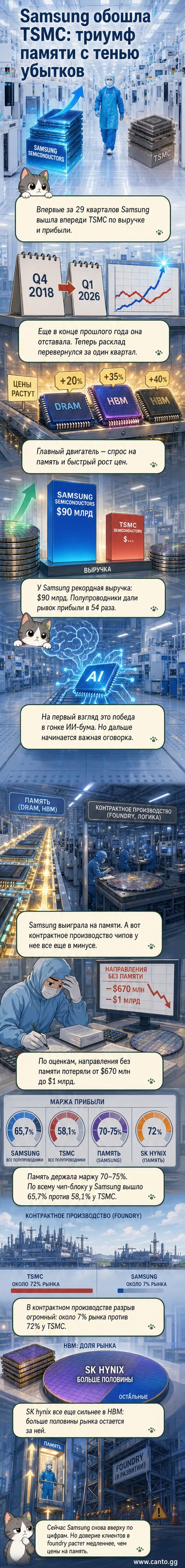 Иллюстрация: два чипа — один с логотипом Samsung, другой с TSMC. Samsung временно впереди благодаря росту цен на память, но TSMC остаётся лидером в производстве ИИ-чипов.