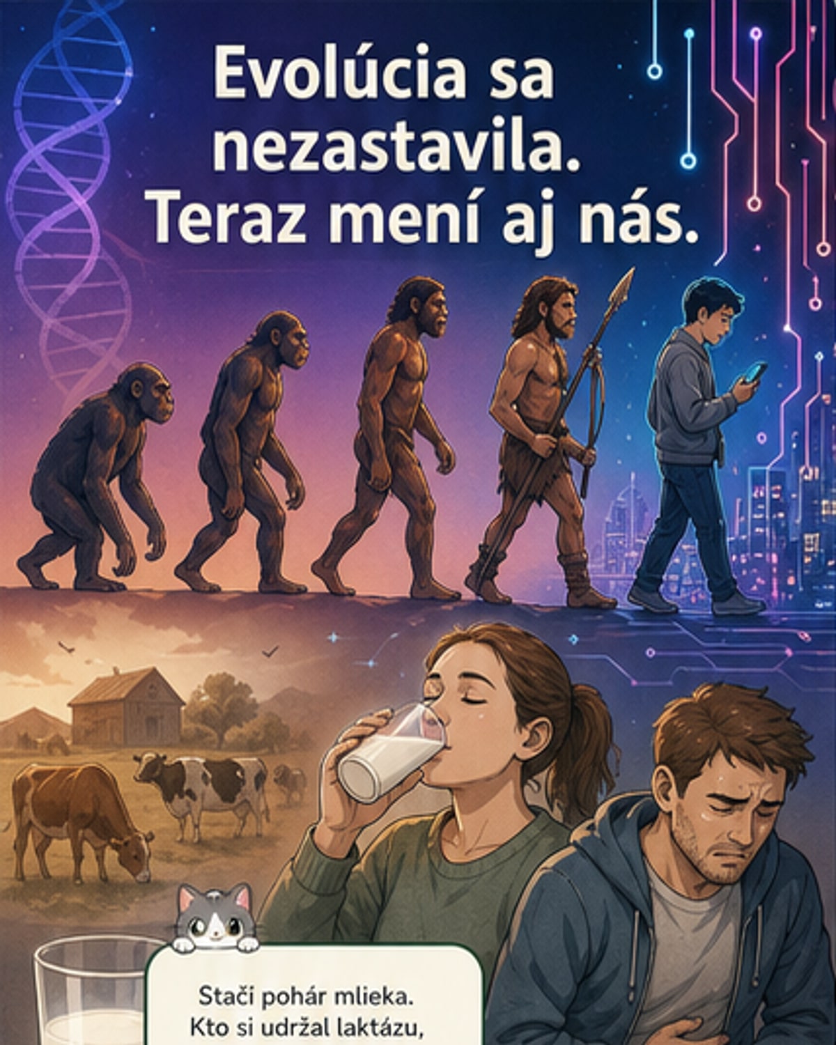 Ilustrácia ľudského tela s vyznačenými evolučnými zmenami: zmenšená čeľusť, prítomná mediánna tepna, efektívnejšie využívanie kyslíka, a mozgové rozhranie s technológiou.