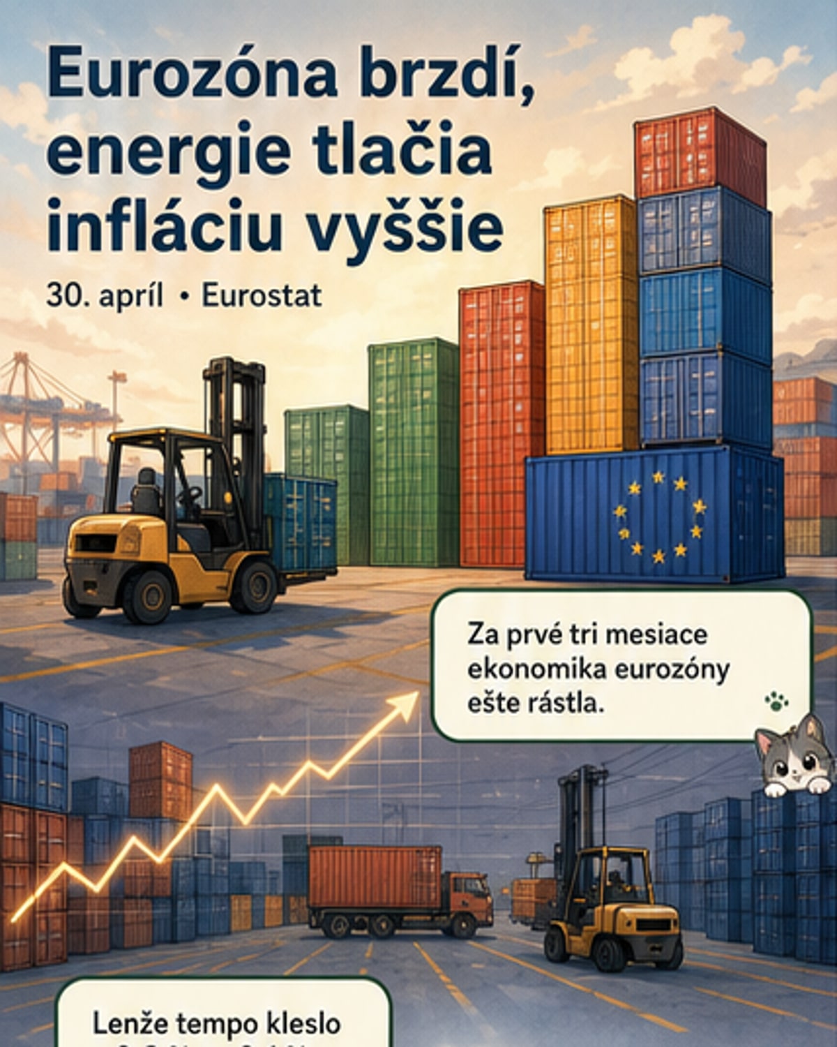 Ilustrácia znázorňuje spomalenie ekonomiky eurozóny a rast inflácie – grafy smerujúce nadol a ceny energií strmelo hore, na pozadí eura a budov EÚ.