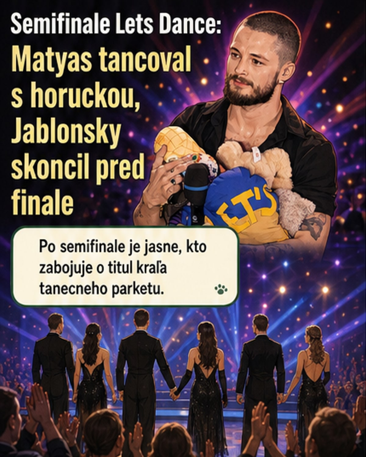 Tanečná dvojica na parkete v semifinále Let's Dance, v pozadí nadšená porota a publika