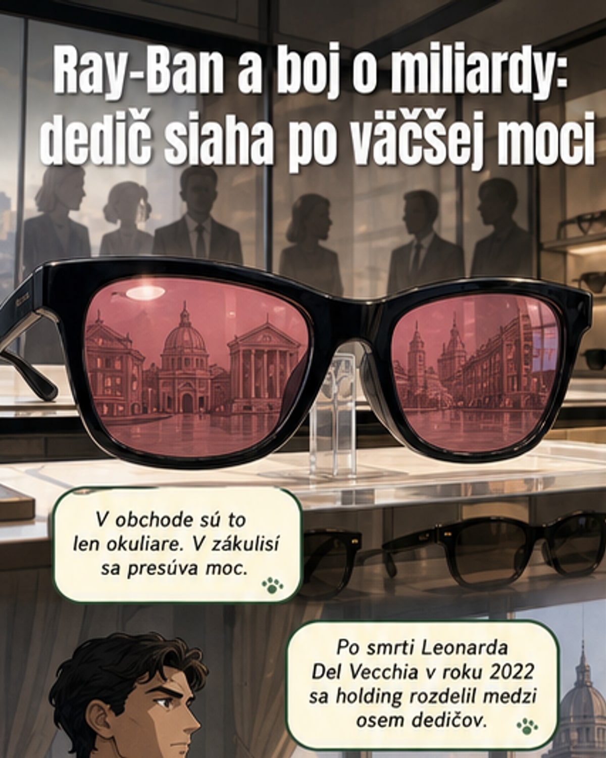 Ilustrácia znázorňujúca rodinný spor o okuliarové impérium Ray-Ban, s ikonickými okuliarmi v popredí a abstraktnými obrysmi finančných centier v pozadí.