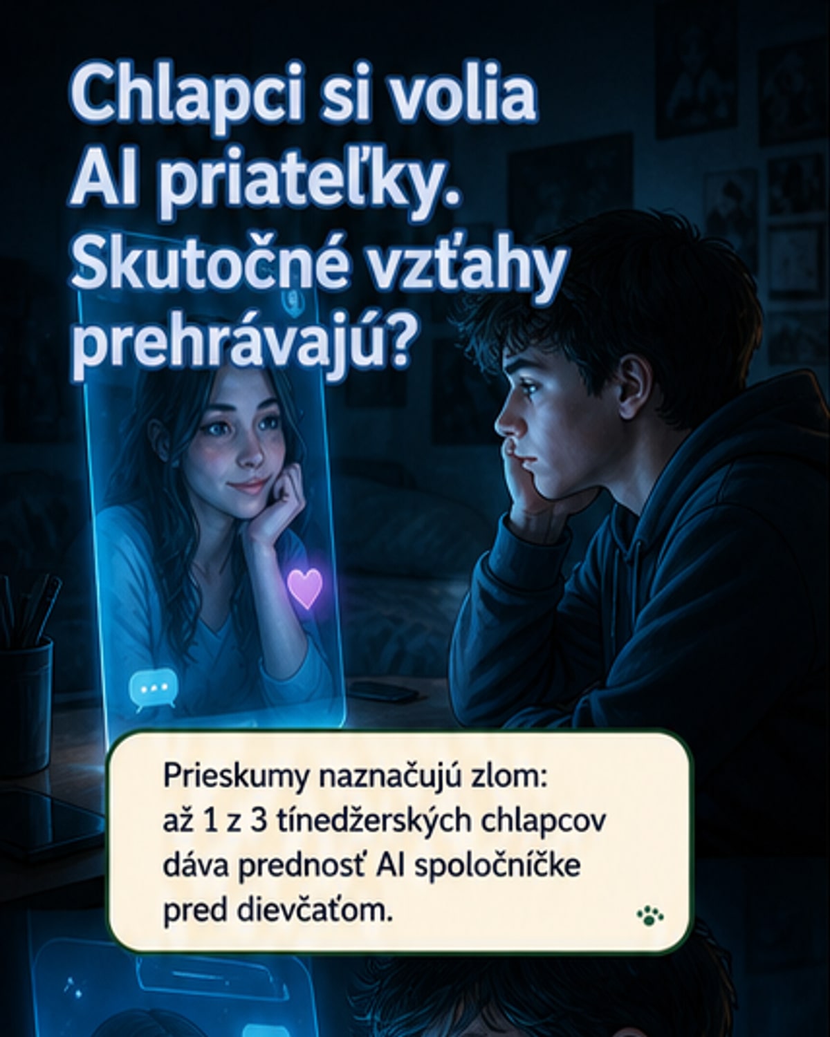 Ilustrácia dospievajúceho chlapca, ktorý hovorí s virtuálnou AI partnerkou na displeji telefónu, zatiaľ čo v pozadí stojí skutočné dievča, ktoré ignoruje.