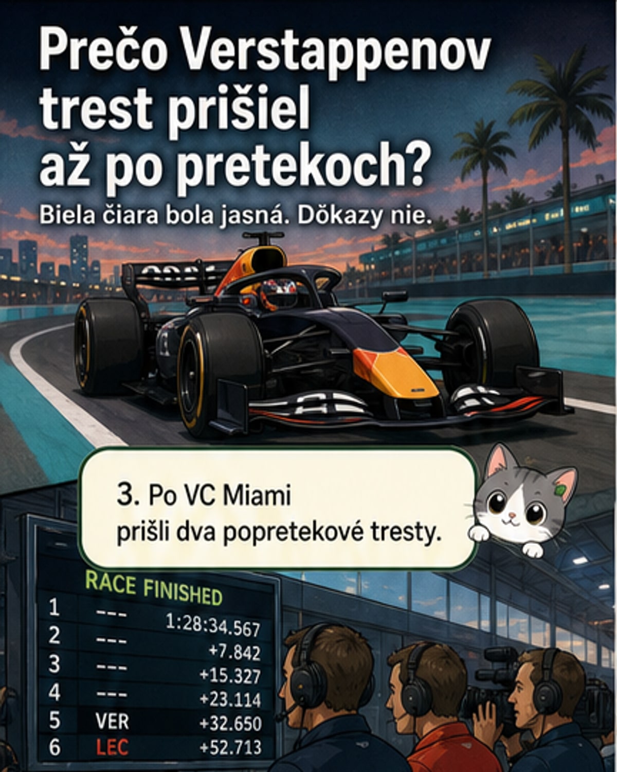 Max Verstappen na pretekoch Formuly 1 za volantom Red Bullu, pozadí ukazuje boxovú uličku s bielymi čiarami