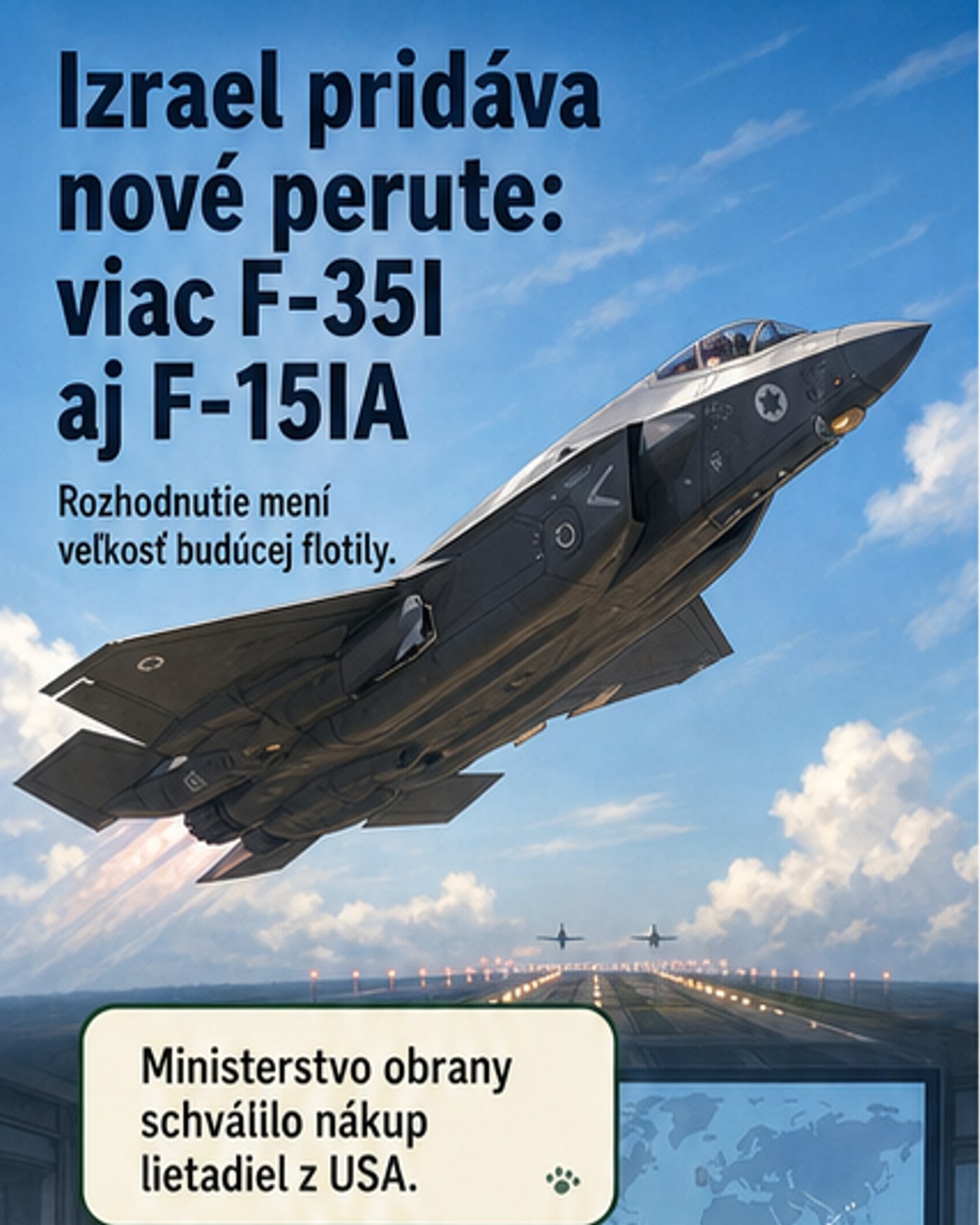 Ilustrácia izraelských stíhačiek F-35I a F-15IA na vzletovom pruhu, pripravených k odletu.