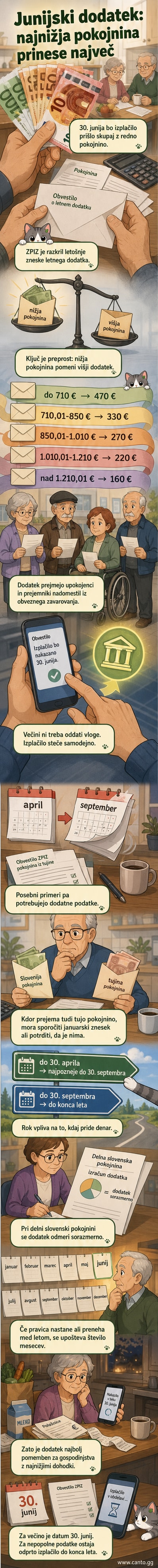 Ilustracija pokojenca, ki prejema ovojnico z dodatkom, na ozadju slovenski znaki in datum 30. junij.