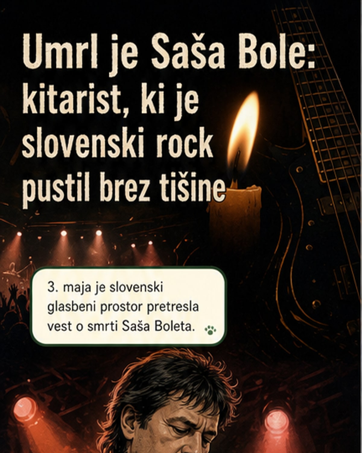 Ilustracija Saše Boleta, kitarista skupine Bombe, v rockarskem stilu s kitaro, v ozadju je diskoteka Palma in radijski mikrofon, simboli njegove večplastne karriere.