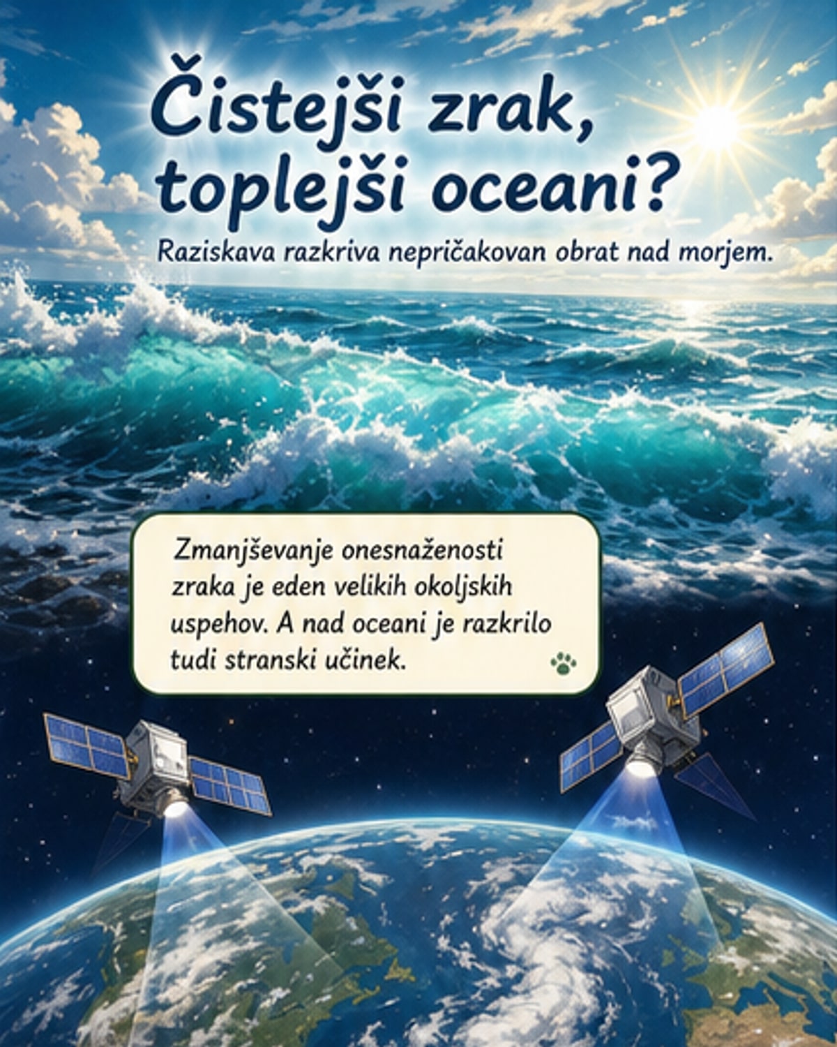 Prikaz manjšega števila aerosolov v ozračju, ki vplivajo na oblake: manj delcev pomeni manj in manj svetlih oblakov nad oceanom, kar vodi k večji absorpciji sončne svetlobe in hitrejšemu segrevanju morja.