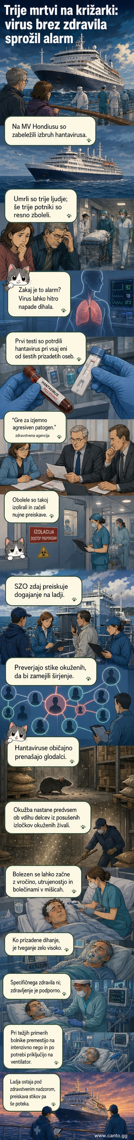 Ilustracija križarke s simboli virusa in medicinske opreme okoli, prikaz izbruha hantavirusa na ladji.