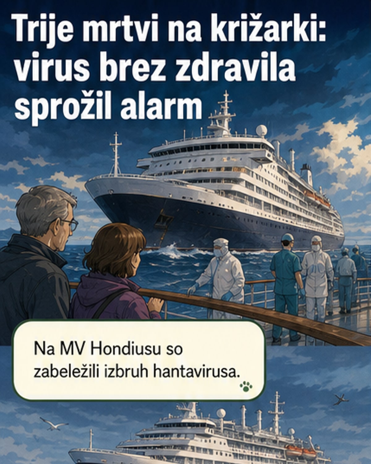 Ilustracija križarke s simboli virusa in medicinske opreme okoli, prikaz izbruha hantavirusa na ladji.