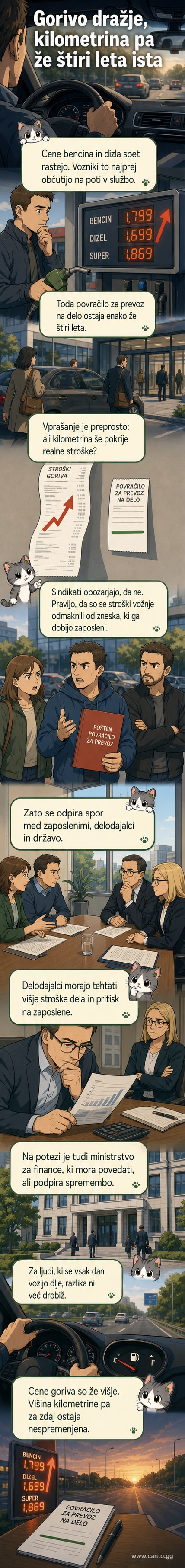 Prazno mesto z avtomobilom na cesti, gorilnik z napisom 'dizel' in simboli denarja, ki se dvigujejo.