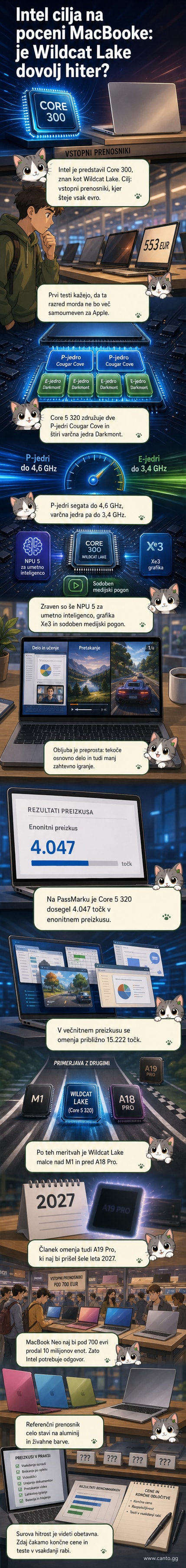 Shematski prikaz novega procesorja Intel Wildcat Lake z oznako jeder Cougar Cove in Darkmont ter integriranimi komponentami za grafiko in umetno inteligenco.