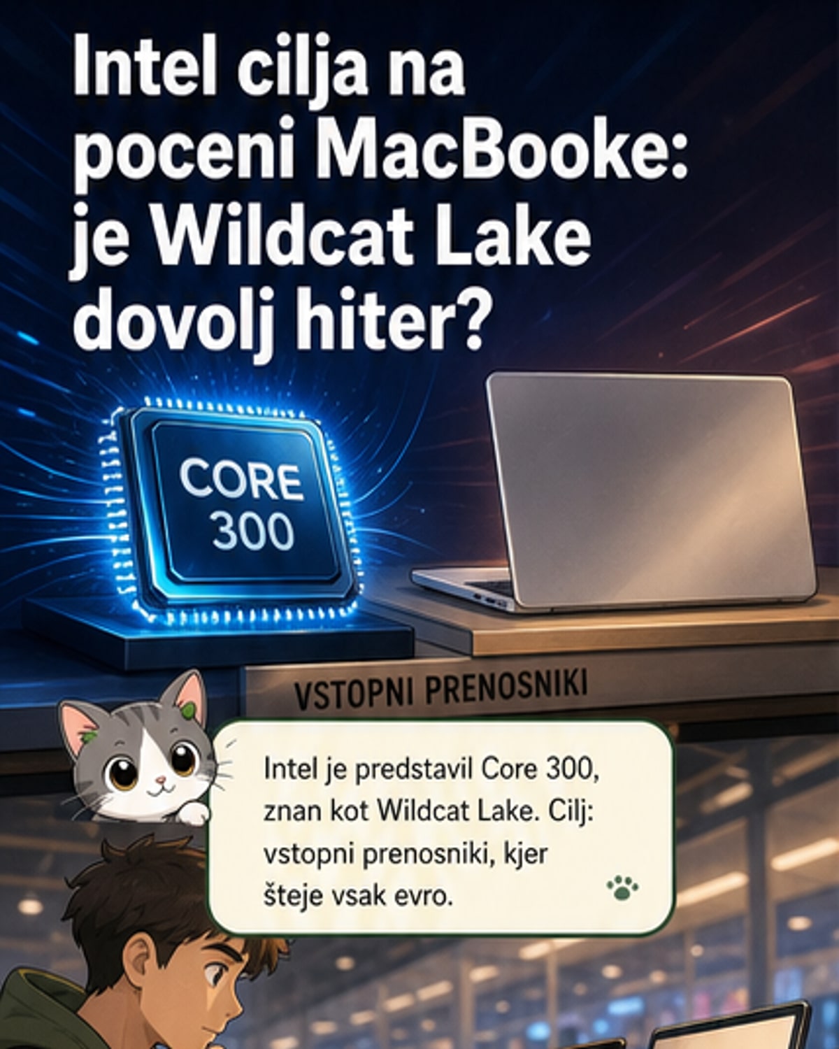 Shematski prikaz novega procesorja Intel Wildcat Lake z oznako jeder Cougar Cove in Darkmont ter integriranimi komponentami za grafiko in umetno inteligenco.